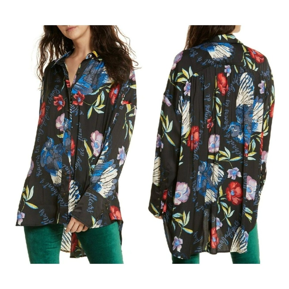 Free People Women's Black Multicolor Floral Silky Nights Blouse Size XS/TP - Picture 12 of 12